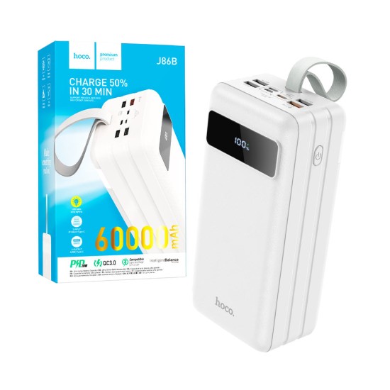 Hoco Power Bank J86b Electric with Led Display and 3 Input (iPhone+Micro+Type-C) 22.5w 60000mAh White